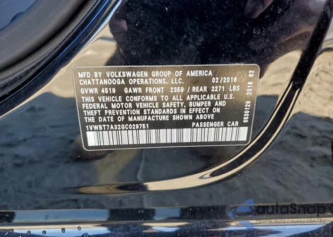 2016 Volkswagen Passat Se из США, поврежденный, VIN 1VWBT7A32GC029751